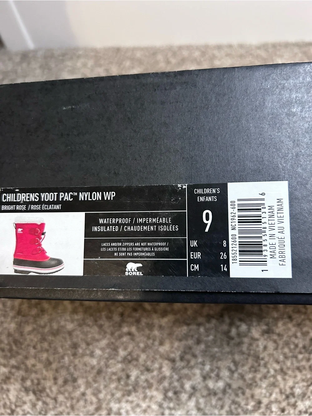 New Sorel Kids Yoot Pac Nylon in Bright Rose, Size 9